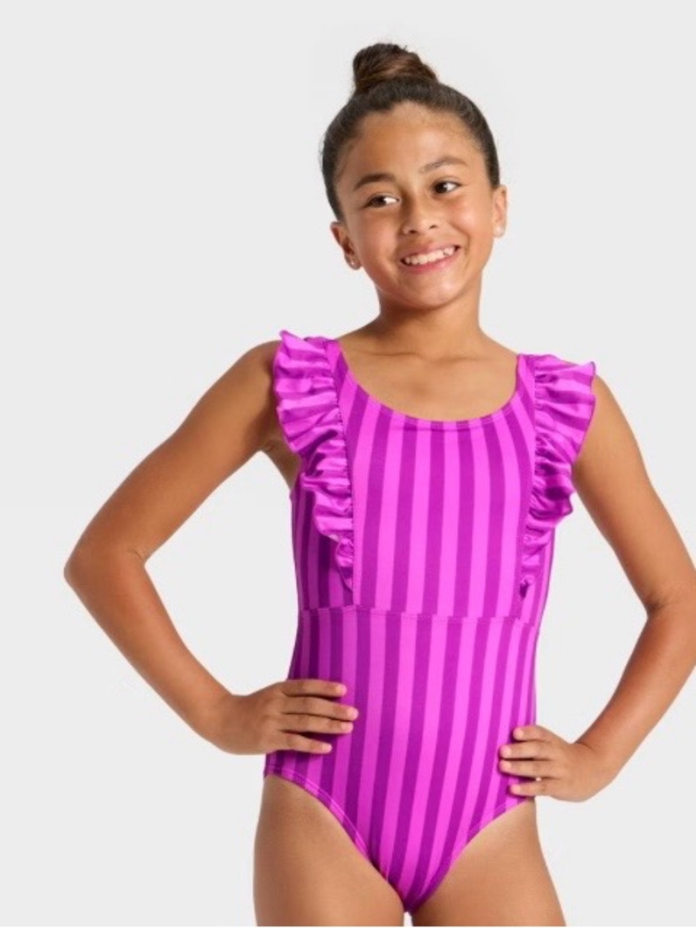 Buy 1 get 1 50% off Magenta and Pink Striped Ruffle One-Piece Swimsuit